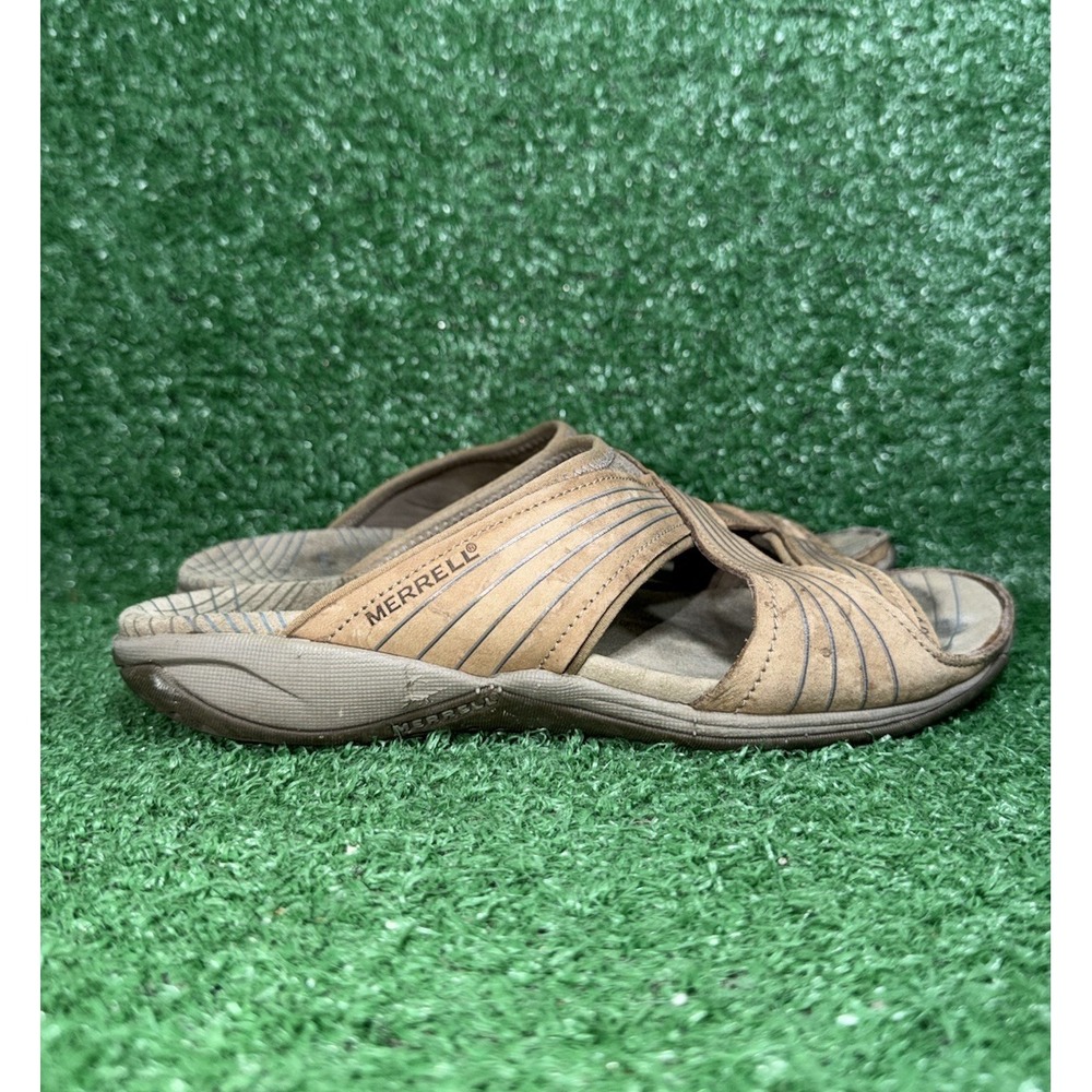 Merrell Sandal Womens 6 Heather Bungee Tan Leather Slip On Comfort Slide Strappy